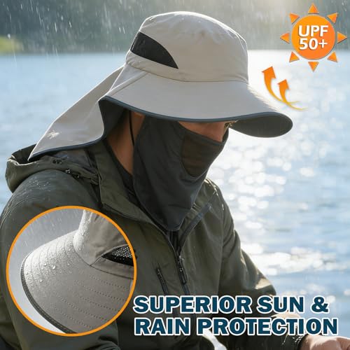 Waterproof Wide Brim Sun Hat with Neck Flap for Hiking (B Khaki)