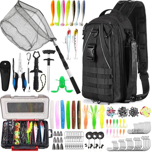 256 Pcs Fishing Backpack with Tackle Box Gears (Black)