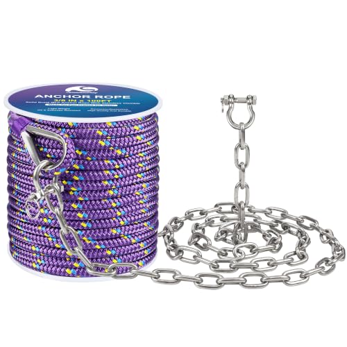 Boat Anchor Chain and Rope Kit (3/8 Inch 100 FT Rope with 3/16Inch 6FT Chain)