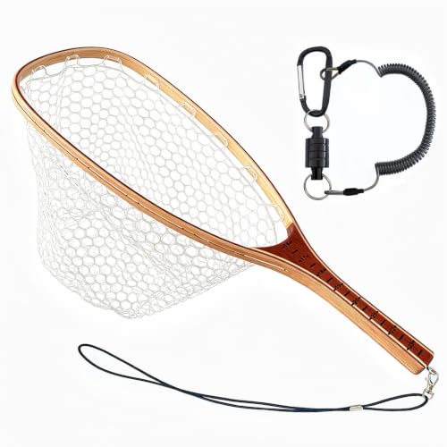 Fly Fishing Landing Net Trout Soft 23.62in Rubber Catch and Release Fish Net with Wooden Handle Frame Magnetic Fly Fish Net