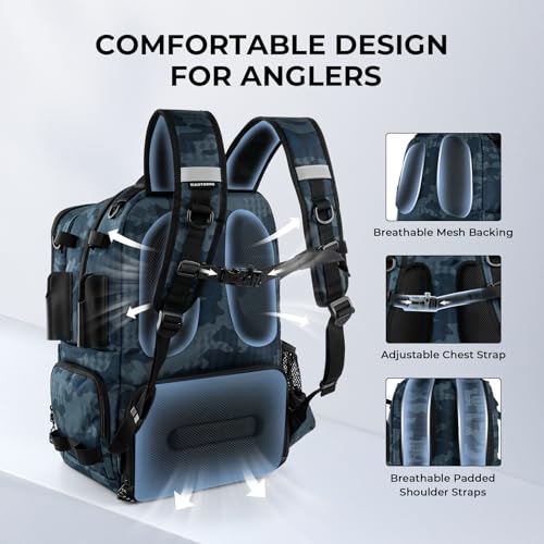 BaitSpace 50L Fishing Backpack with 2 Rod Holders (G: Blue Camo / Without tackle box)