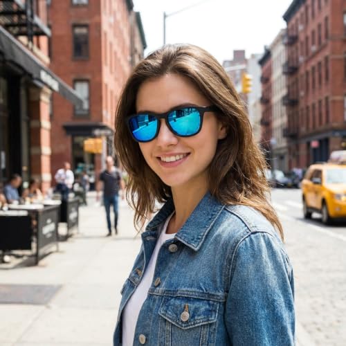 Polarized Sunglasses for Women and Men (Black Frame/Ice Blue Lens)