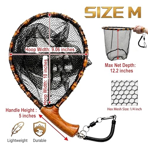 Floating Handcrafted Bamboo Fly Fishing Landing Net (Middle / Curved Handlebar / Glued mesh)