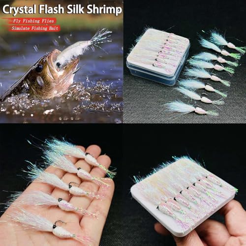 8Pc Bionics Crystal Flash Silk Shrimp Artificial Lures Fly Fishing Flies Saltwater Freshwater Bait Fishing for Bass Trout Salmon Hook Size #6 (Silvery)