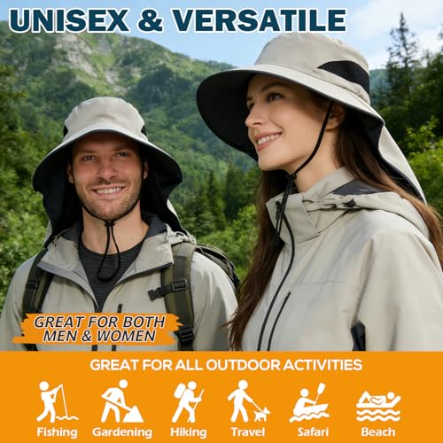 Waterproof Wide Brim Sun Hat with Neck Flap for Hiking (B Khaki)
