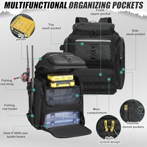 45L Fishing Backpack with Rod Holders & Built (Black)