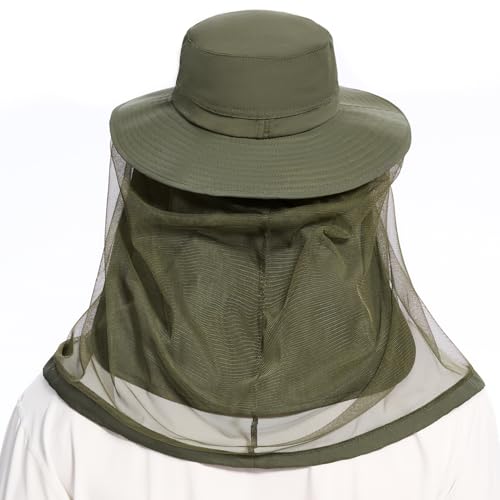 UPF 50+ Mosquito Net Hat with Stowable Neck Flap for Men Women Outdoor Fishing Hiking Camping Gardening FH17 Army Green (Large / Army Green)