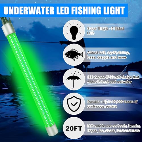 Underwater Fishing Light 80W 12V 40000 Lumens Green Attracting Fish Light LED Fishing Light Submersible Fish Finder Lamp IP68 Waterproof for Freshwater and Saltwater