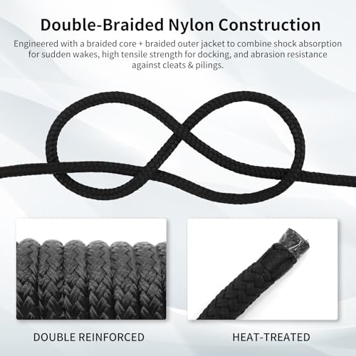 4Pack 3 8in x 15ft Double Braided Nylon Dock Lines Boat Ropes for Docking with Loop Marine Grade Mooring Lines with 12” Pre (Black / 3/8in x 15ft(4 Pack))