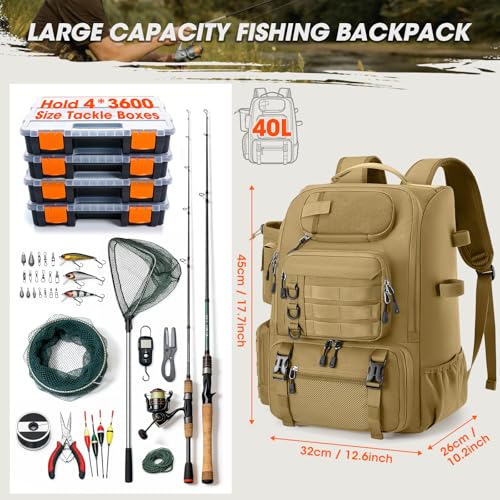 Fishing Backpack 40L Tackle Backpack with Rod Holders & Cooler (Khaki)