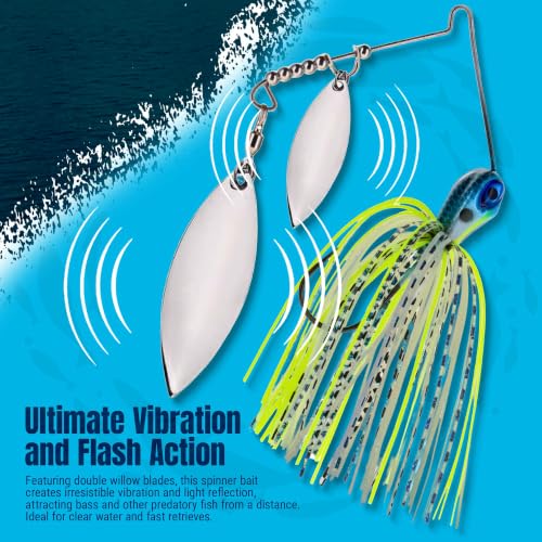 Spinner Bait Compact Profile Fishing Lure with Flash and Vibration for Bass (White Chartreuse / 1/2 Oz)