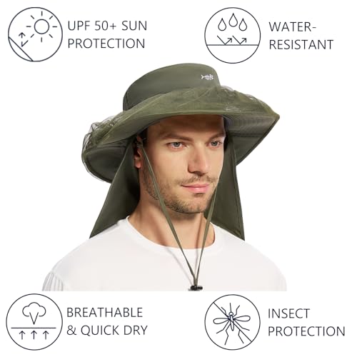 UPF 50+ Mosquito Net Hat with Stowable Neck Flap for Men Women Outdoor Fishing Hiking Camping Gardening FH17 Army Green (Medium / Army Green)