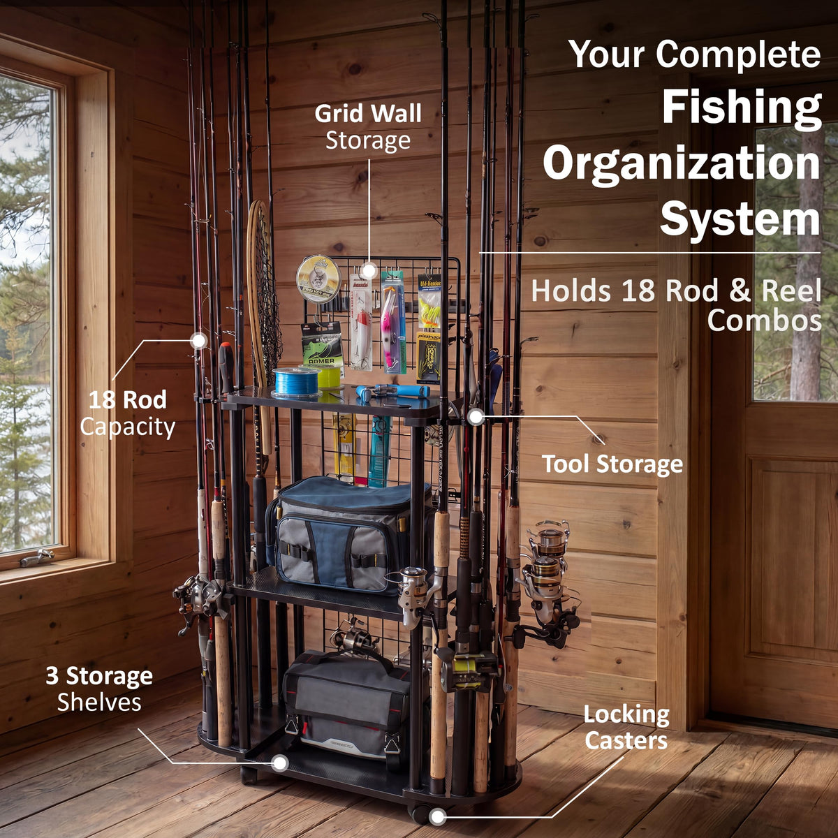 18 Rod Rolling Fishing Storage Cart (Black / 18-Rod tackle cart)