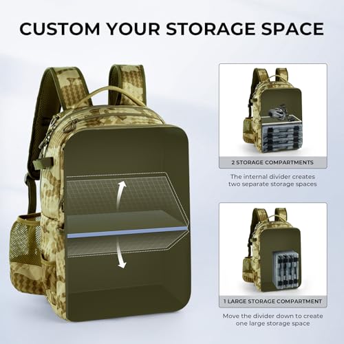 BaitSpace 50L Fishing Backpack with 4 Tackle Boxes (D: Khaki Camo / With (4) 3600 tackle boxes)