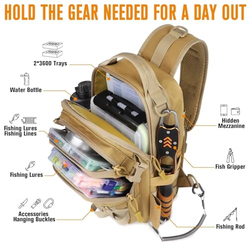 Small Fishing Backpack with Tackle Boxes Fishing Sling Bag DIY Embroidery Patches Tackle Bag Gift for Men Khaki (A: Fishing Tackle Backpack(khaki))