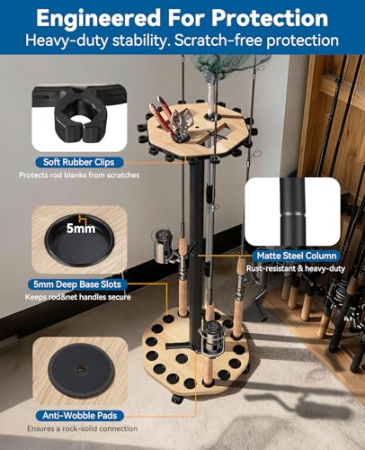 Fishing Rod Holder Pole Rack for Garage with Wheels (Natural Wood Grain)