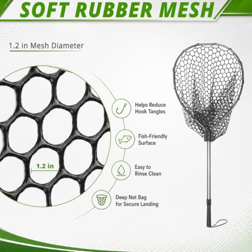 Large Fishing Landing Net with Telescopic Handle & Rubber Mesh (L, Hoop Size: 24″ x 19″)