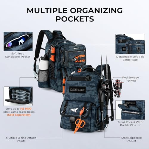 BaitSpace 50L Fishing Backpack with 2 Rod Holders (G: Blue Camo / Without tackle box)