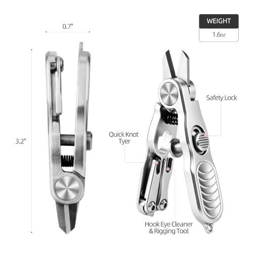 3-in-1 Fly Fishing Nippers and Knot Tying Tool Combo, Multi-Functional Fishing Pliers with Retractable Zinger Reel, Serrated Line Cutter & Hook Eye Cleaner for Braid, Mono, Fluoro