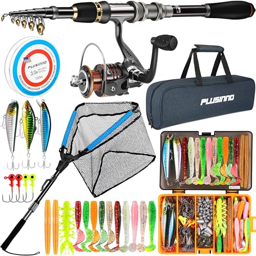 Fishing Rod and Reel Combo Pole Gear Kit Telescopic Beginner (Grey Rod &137pcs Tackle &Net(6.89 ft))