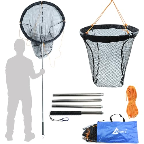Large Collapsible Bridge Pier Fishing Net Rubber Coated Landing Net with Rod (31.5 x 31.5 x 35.4")