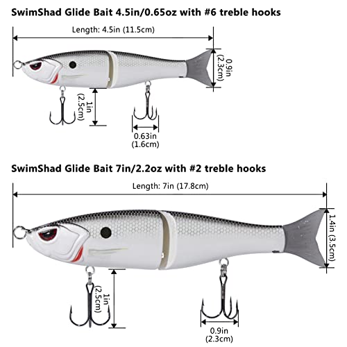 SwimShad Glide Baits Jointed Swimbait Bass Pike Salmon Trout Muskie Fishing Lure (White Shad / 4.5in/0.65oz)