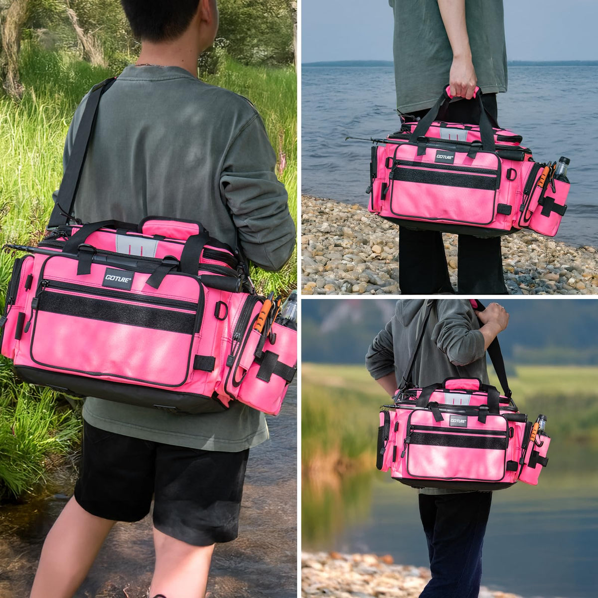 Fishing Tackle Bag with 4PCS 3600 Tackle Boxes (C2:Pink with 4 3600 Tackle Boxes / Large)