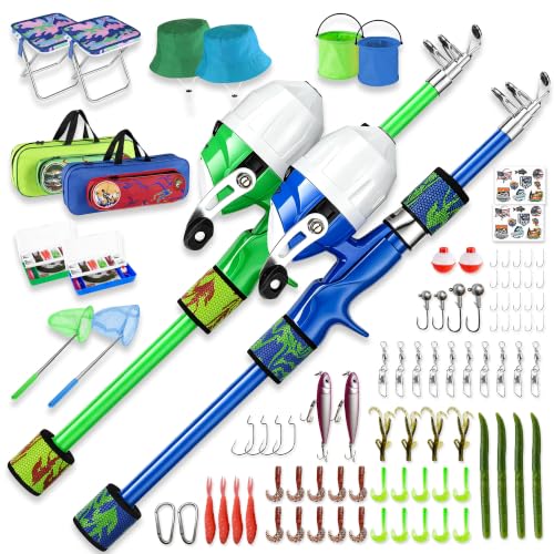 Kids Fishing Pole (Blue & Green / 3.94-ft Set + Chair + Hat)