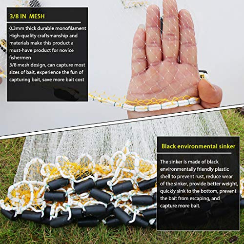 Fishing Cast Net with Heavily sinkers for Saltwater Freshwater Bait Trap Throw Net. Size 4ft to 10ft Radius (7FT (210cm) Radius / Pvc-0.3mm Mono 3/8mesh)