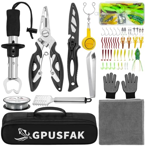 10-in-1 Fishing Pliers Kit with Line Cutter & Lip Gripper - Saltwater & Freshwater Fishing Tools for Anglers - Steel Fishing Gear with Lanyard - Portable Fishing Accessories Kit (10Pcs)