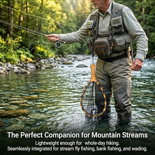 Floating Handcrafted Bamboo Fly Fishing Landing Net (Middle / Straight Handlebar / Glued mesh)