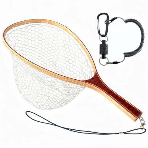 Fly Fishing Landing Net Trout Soft 23.62in Rubber Catch and Release Fish Net with Wooden Handle Frame Magnetic Fly Fish Net
