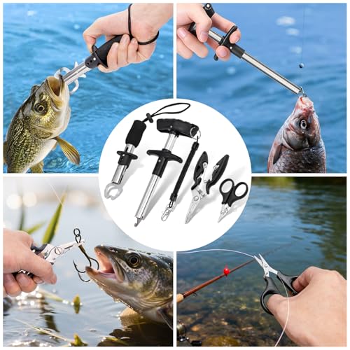 13-in-1 Fishing Multi-Tool Kit with Pliers, Fillet Knife, Lip Gripper, Scissor, Hook Remover, Tool Retractor, Fish Ruler - Fly, Ice, Saltwater & Freshwater Fishing for Serious Angler, Black (Black)