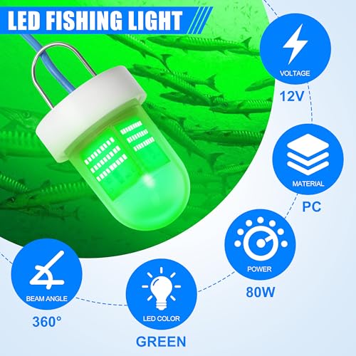 Underwater Green Fishing Light Super Bright 80W 40000 Lumens 12V LED Deep Drop Night Fishing Light Submersible Fishing Bait Finder Shrimping Lights for Snook Crappie Shrimp Squid Fish
