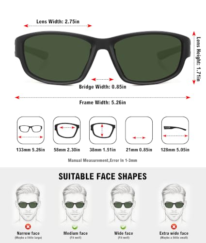 Sports Sunglasses for Men Women Polarized Classic Wrap Around Driving Cycling Golf Fishing Sun Glasses UV Protection 1 (1-black/Dark Green)