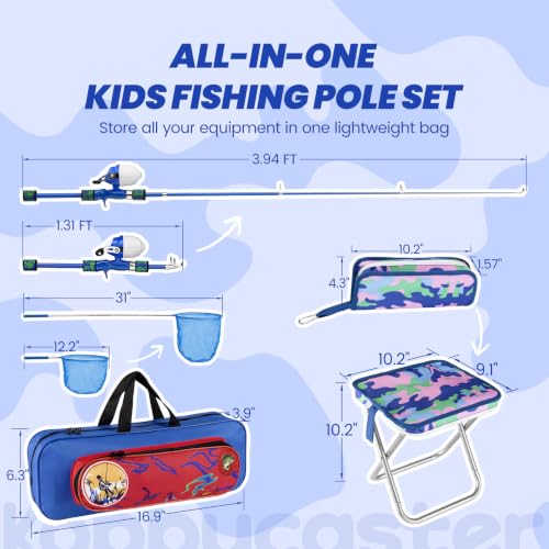 Kids Fishing Pole (Blue / 3.94-ft Set + Chair + Hat)