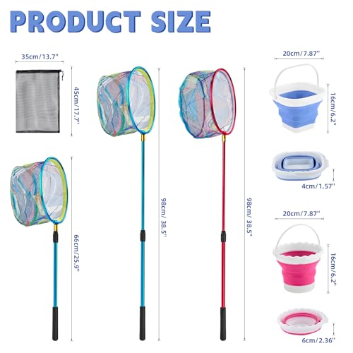 2PCS Telescoping Kids Fishing Net with Handle and Collapsible Bucket Kits (Blue & Red)