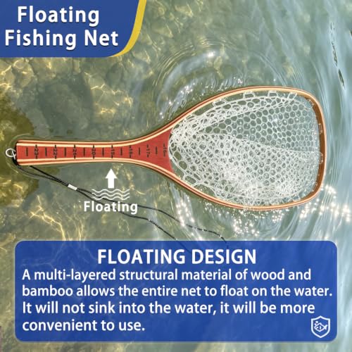 Fly Fishing Landing Net Trout Soft 23.62in Rubber Catch and Release Fish Net with Wooden Handle Frame Magnetic Fly Fish Net