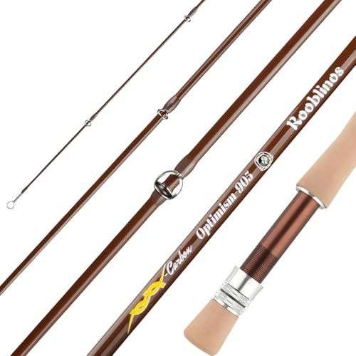 ROOBLINOS 9ft Fast Action Fly Fishing Rod 4 Piece Carbon Fiber Fly Rod with Hard Tube Lightweight & Sensitive for Trout Bass & Stream Freshwater Fishing