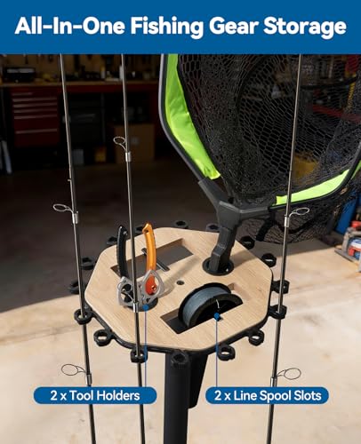 Fishing Rod Holder Pole Rack for Garage with Wheels (Natural Wood Grain)