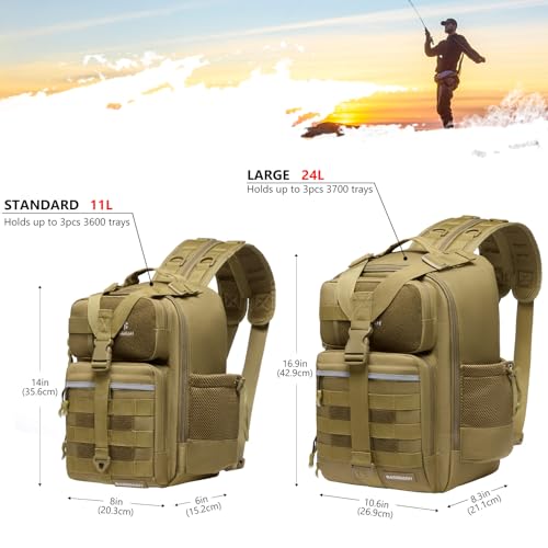 Convertible Fishing Backpack Sling Bag with Rod Holder (Brown Khaki / Large)