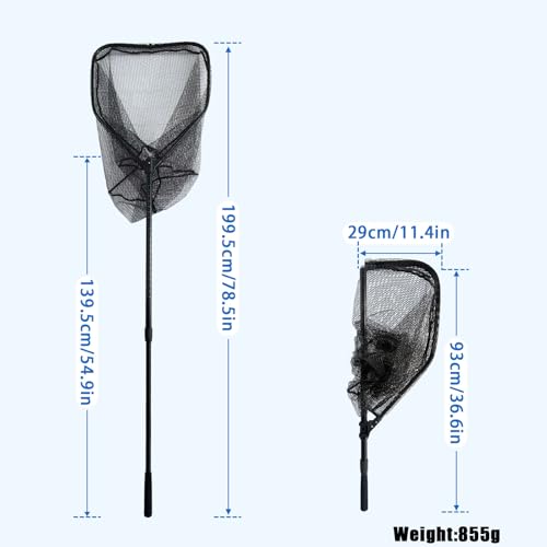 78.5In Large Fishing Net with Handle Fish Landing Net Telescoping Coated Rubber Net Folding Collapsible Extendable Gifts for Men