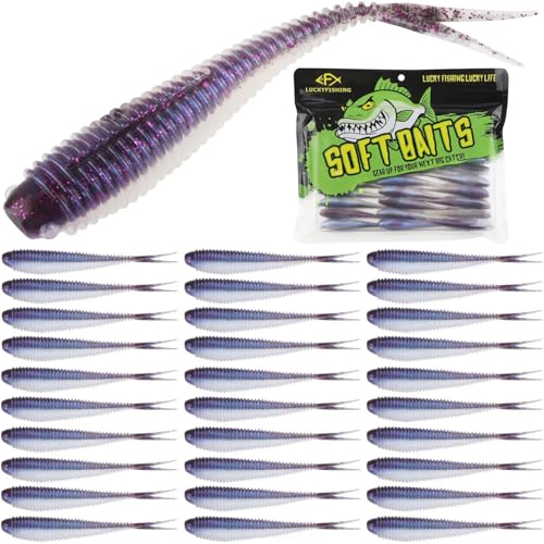 Soft Plastic Baits Forked Tail Fishing Soft Bait for Bass Walleye Trout Crappie Lures Purple Pearl (Purple Pearl / 3.5in-30pcs)