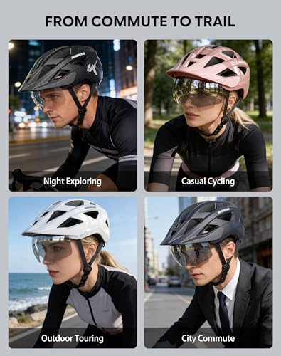 Adult Bike Helmet Rear Light & OTG Magnetic Goggles for Men Women (Clear / Large)