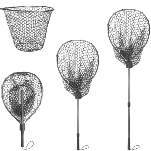 Large Fishing Landing Net with Telescopic Handle & Rubber Mesh (L, Hoop Size: 24″ x 19″)
