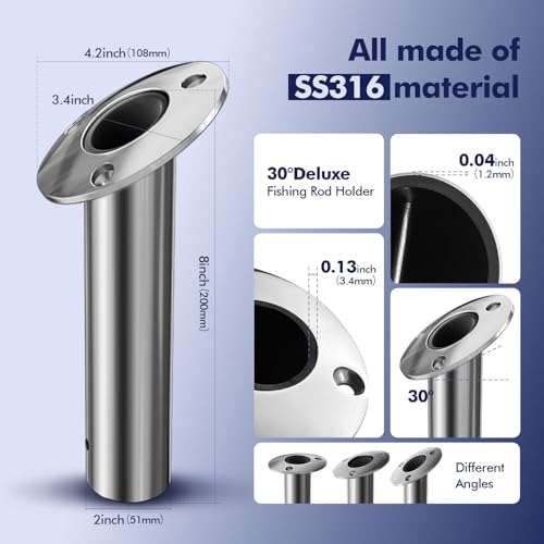 2Pcs Rod Holders for Fishing Boat (Silver - Black Insert / 30 Degree without Cap)
