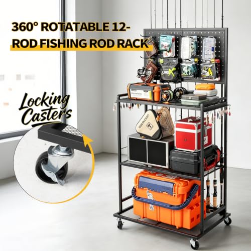 Fishing Rod Holders for Garage (Black-8 Hooks / 3-side fence large)