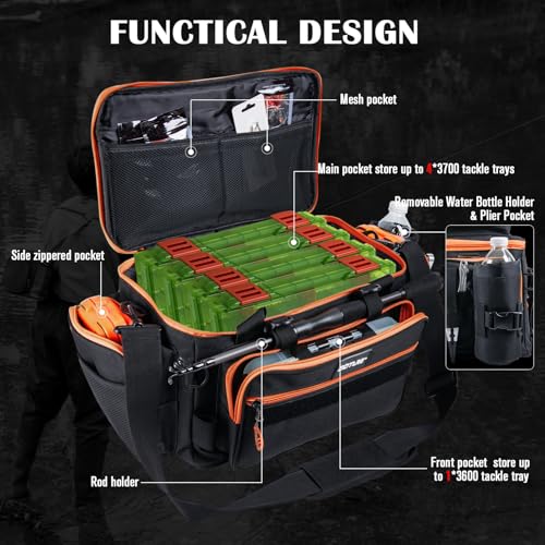 Fishing Tackle Bag with 2PCS 3600 Tackle Boxes (C1:Black Orange with 2 3600 Tackle Boxes / Large)