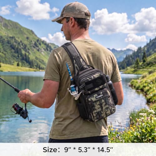 Fishing Sling Bag with 3500 Tackle Box & Fishing Gear (Black Camo)