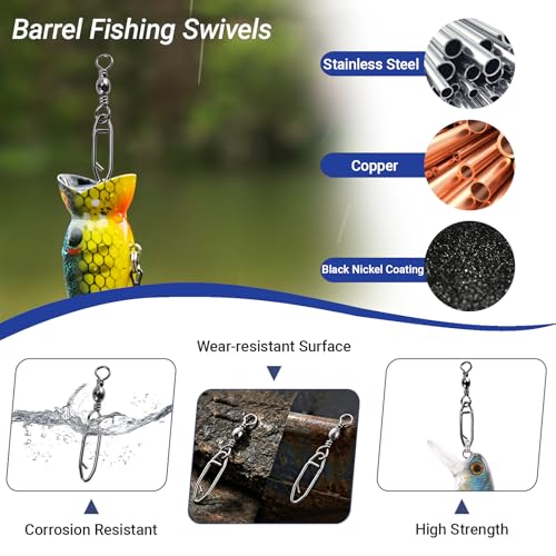 High Strength Fishing Swivels Stainless Clips Steel Snap Swivels Barrel Connector Saltwater Swivel Fishing Rolling Black Nickel